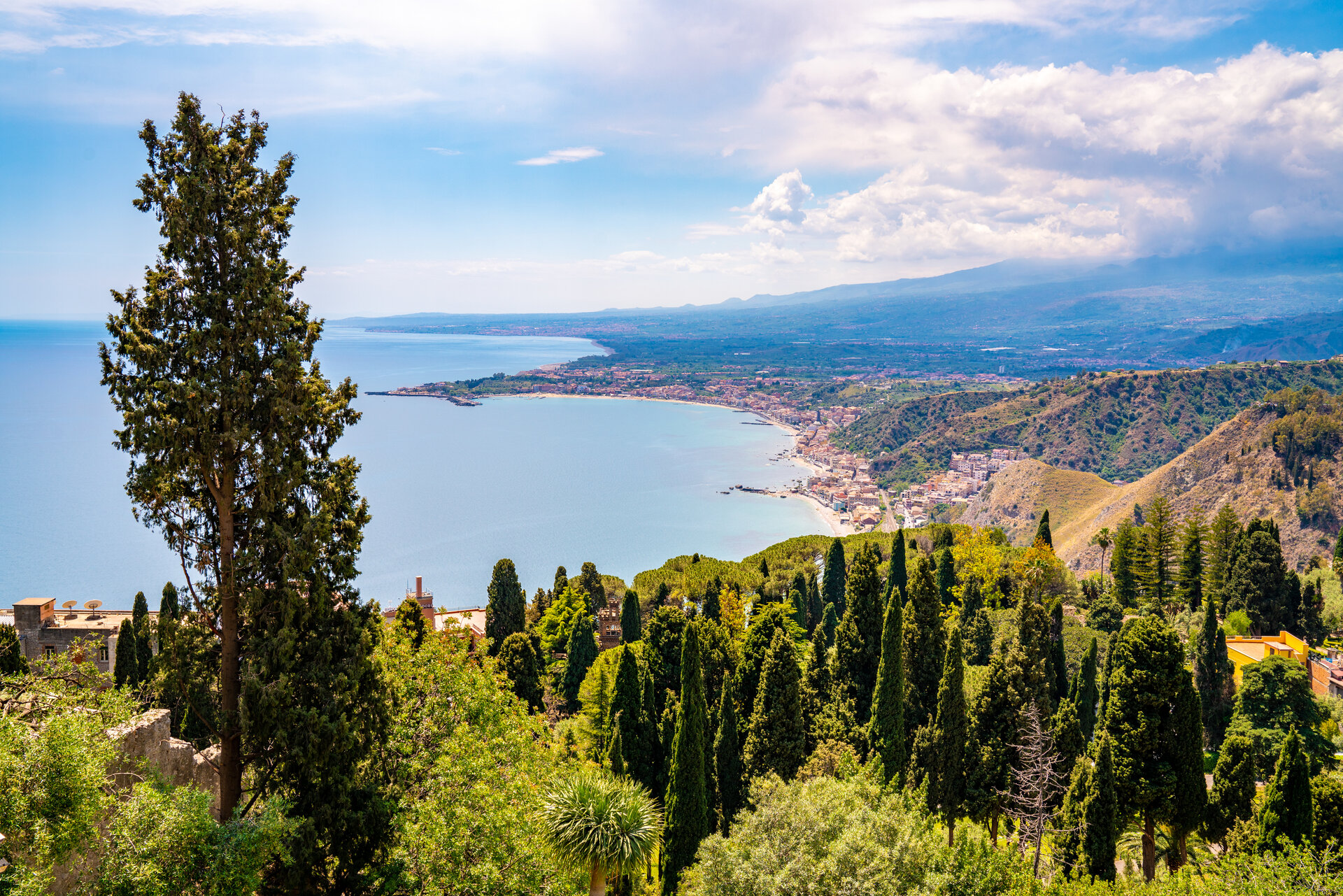 Aerial view of beautiful Taormina coastline in Sicily
